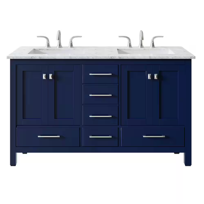 Eviva Aberdeen 60 in. W x 22 in. D x 34 in. H Double Sink Freestanding Bath Vanity in Blue with White Carrara MarbleTop