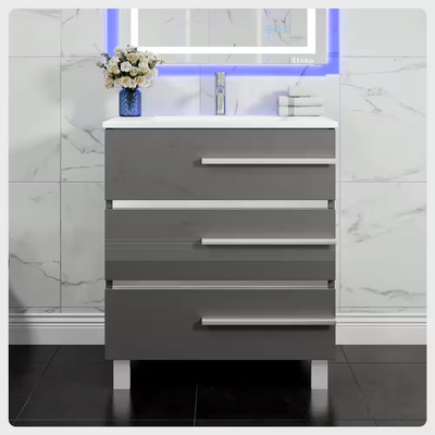 Eviva Deluxe 32 in. W x 18 in. D x 34 in. H Single Freestanding Bath Vanity in Gray with White Porcelain Integrated Sink Top