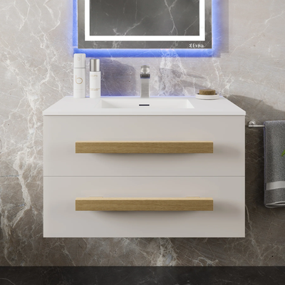 Eviva Element 32"W x 20"D White Wall Mount Bathroom Vanity with White Solid Surface Countertop and Integrated Sink