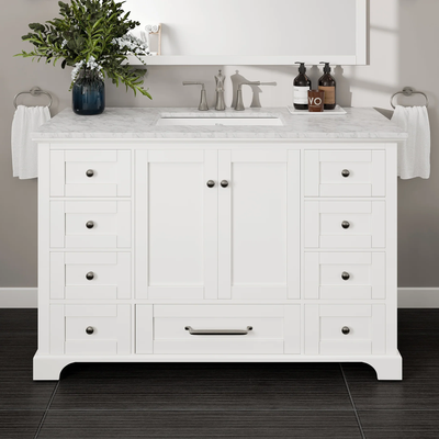 Eviva Frontier 48"W x 22"D White Bathroom Vanity with White Carrara Marble Countertop and Undermount Porcelain Sink