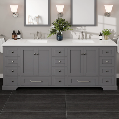 Eviva Frontier 84"W x 22"D Dark Gray Double Sink Bathroom Vanity with White Cultured Marble Countertop and Undermount Porcelain Sinks