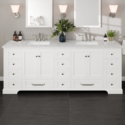 Eviva Frontier 84"W x 22"D White Double Sink Bathroom Vanity with White Carrara Marble Countertop and Undermount Porcelain Sinks