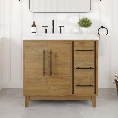 Eviva Graham 36"W x 22"D Oak Bathroom Vanity with White Arabescato Engineered Stone Countertop and Undermount Ceramic Sink