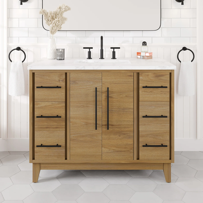 Eviva Graham 42"W x 22"D Oak Bathroom Vanity with White Arabescato Engineered Stone Countertop and Undermount Ceramic Sink