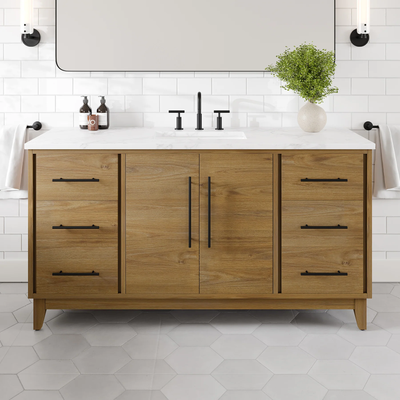 Eviva Graham 60"W x 22"D Oak Bathroom Vanity with White Arabescato Engineered Stone Countertop and Undermount Ceramic Sink