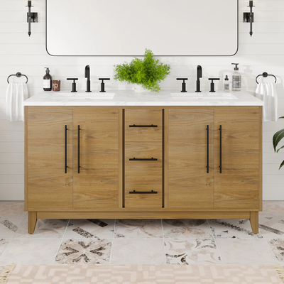 Eviva Graham 60"W x 22"D Oak Double Sink Bathroom Vanity with White Arabescato Engineered Stone Countertop and Undermount Ceramic Sinks