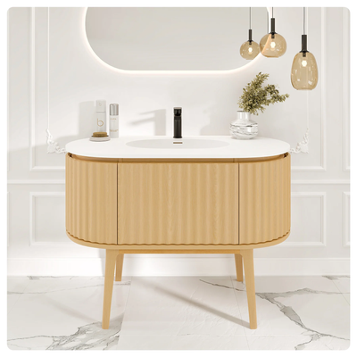 Eviva Haven 39"W x 22"D Natural Oak Bathroom Vanity with White Solid Surface Countertop and Integrated Sink