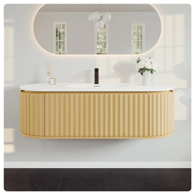 Eviva Haven 55"W x 22"D Natural Oak Wall Mount Bathroom Vanity with White Solid Surface Countertop and Integrated Sink