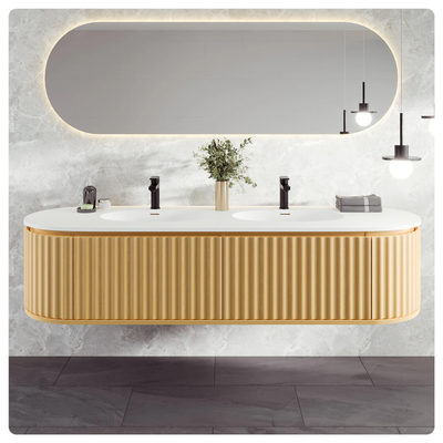 Eviva Haven 71"W x 22"D Natural Oak Wall Mount Double Sink Bathroom Vanity with White Solid Surface Countertop and Integrated Sinks