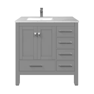 Eviva London 36 in. W x 18 in. D x 34 in. H Bathroom Vanity in Gray with White Carrara Marble Top with White Sink