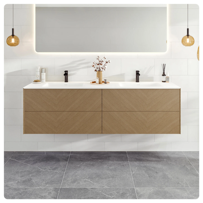 Eviva Lotus 59"W x 19"D Natural Oak Wall Mount Double Sink Bathroom Vanity with White Solid Surface Countertop and Integrated Sinks