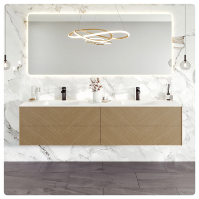 Eviva Lotus 71"W x 19"D Natural Oak Wall Mount Double Sink Bathroom Vanity with White Solid Surface Countertop and Integrated Sinks