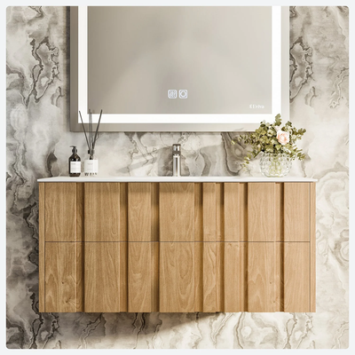 Eviva Lumber 44 in. W Solid Wood Floating Bathroom Vanity in Oak with White Solid Surface Top with White Sink