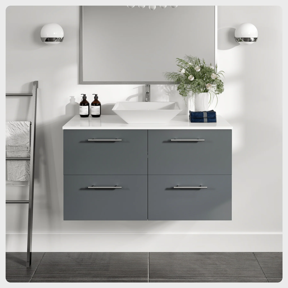 Eviva Luxury 39"W x 20"D Gray Wall Mount Bathroom Vanity with White Tempered Glass Countertop and Vessel Porcelain Sink