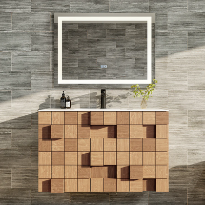 Eviva Mosaic 33"W x 20"D Natural Oak Wall Mount Bathroom Vanity with White Solid Surface Countertop and Integrated Sink