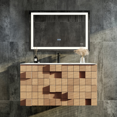 Eviva Mosaic 36"W x 20"D Natural Oak Wall Mount Bathroom Vanity with White Solid Surface Countertop and Integrated Sink