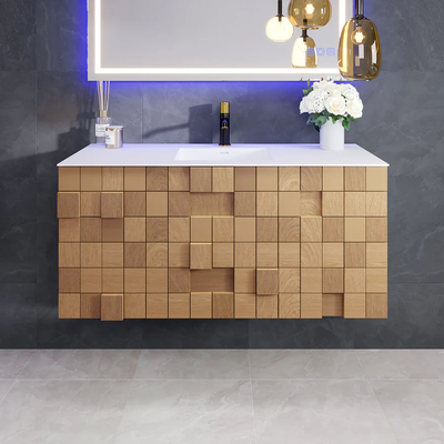 Eviva Mosaic 49"W x 20"D Natural Oak Wall Mount Bathroom Vanity with White Solid Surface Countertop and Integrated Sink