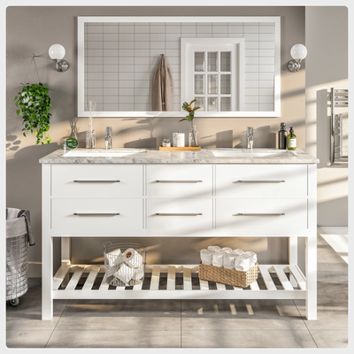 Eviva Natalie 60"W x 22"D White Double Sink Bathroom Vanity with White Carrara Marble Countertop and Undermount Porcelain Sinks