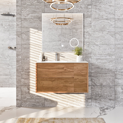 Eviva Prancer 36"W x 20"D Natural Oak Wall Mount Bathroom Vanity with White Solid Surface Countertop and Integrated Sink