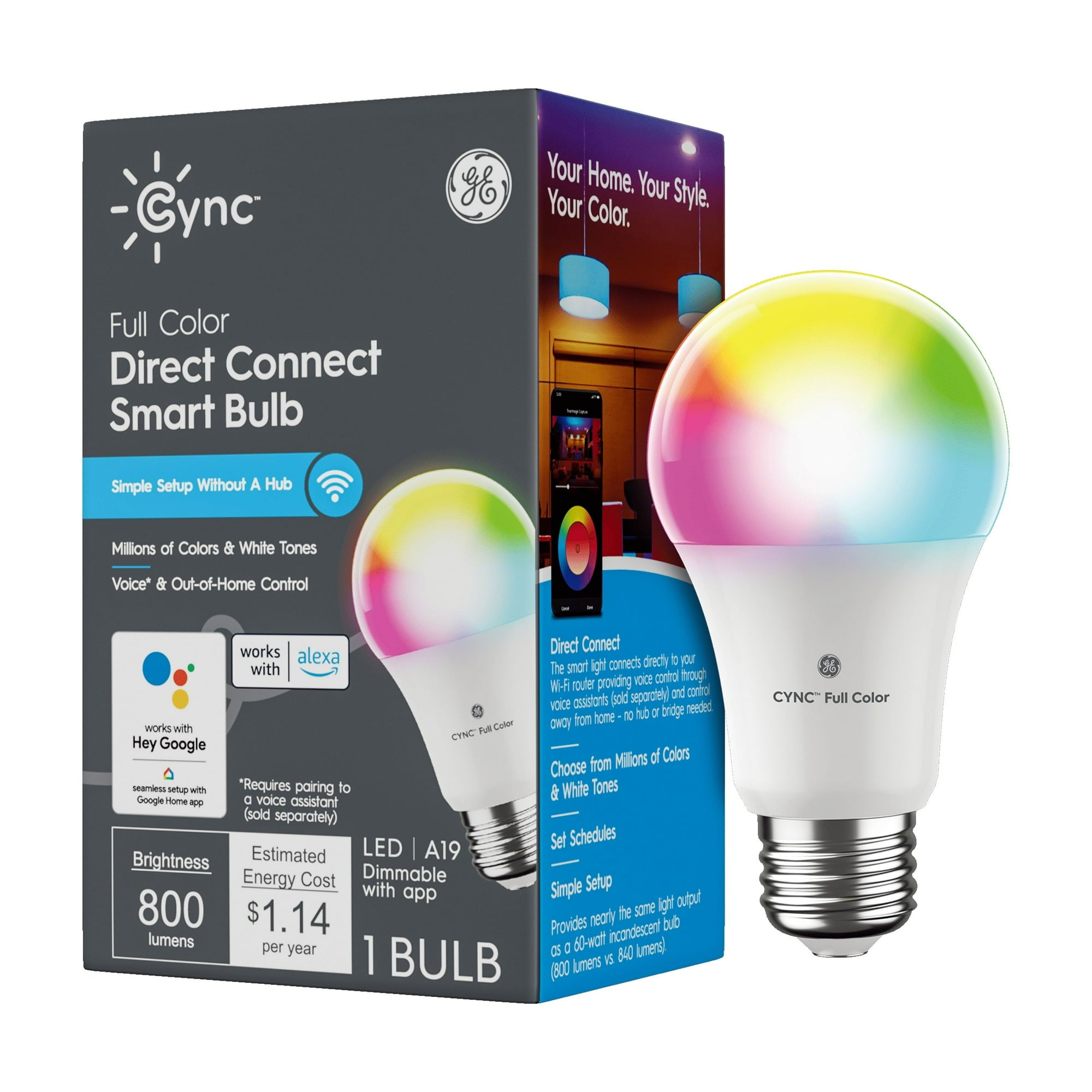 GE C by GE Smart 60-Watt EQ A19 Full Color Dimmable Smart LED Light Bu ...