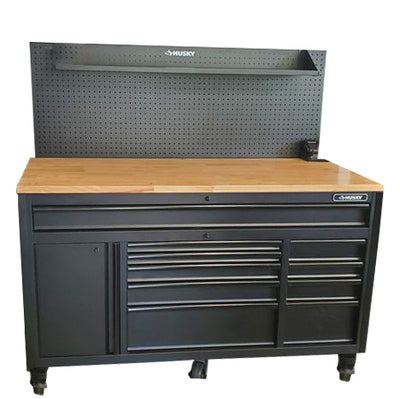 Husky Heavy-Duty 61 in. W 10-Drawer 1-Door, Deep Tool Chest Mobile Workbench in Matte Black w/ Hardwood Top, Pegboard & Shelf