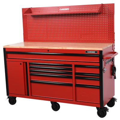 Husky Heavy-Duty 61 in. W 10-Drawer, Deep 1-Door Tool Chest Mobile Workbench in Gloss Red with Flip-up Pegboard