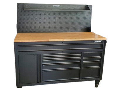 Husky Heavy-Duty 61 in. W, Deep 10-Drawer 1-Door Tool Chest Mobile Workbench in Matte Black with Flip-up Pegboard