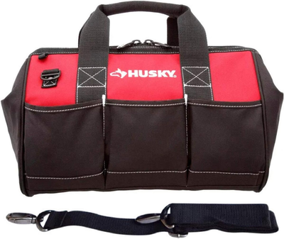 Husky 15 in. Wide Mouth Water Resistant Metal Hardware Dual-Zipper Tool Storage Bag with Adjustable Strap and 8 pockets