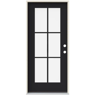 JELD-WEN 36 in. x 80 in. Left-Hand 6 Lite Clear Glass Black Painted Fiberglass Prehung Front Door with Brickmould