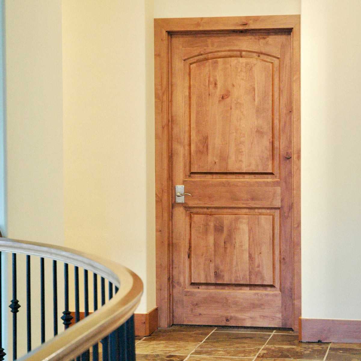 Krosswood Doors 30 in. x 80 in. Knotty Alder 2-Panel Top Rail Arch with V-Groove Solid Wood Core Interior Door Slab