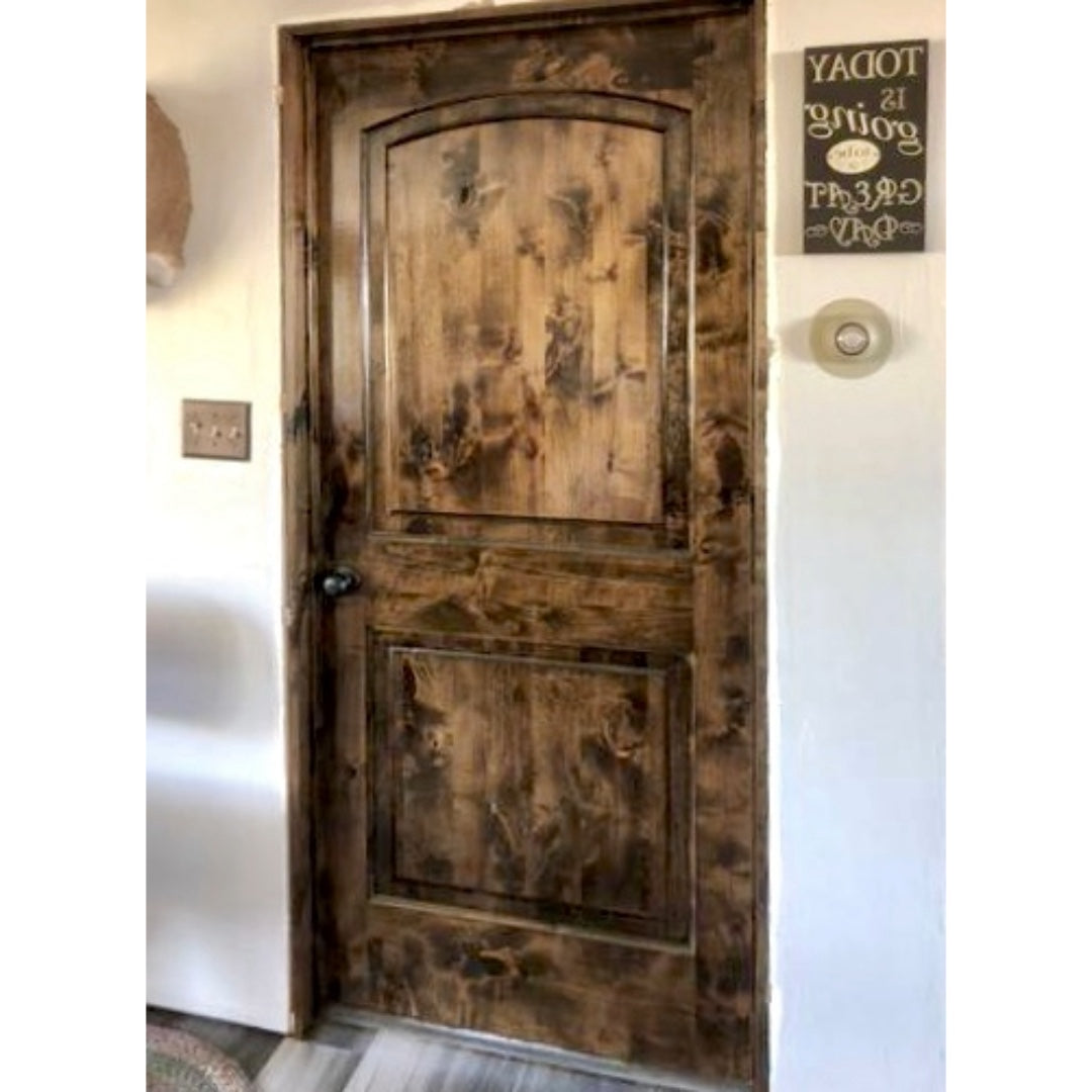 30 in. x 80 in. Rustic Knotty Alder 2-Panel Top Rail Arch Solid Core Wood Stainable Interior Door Slab