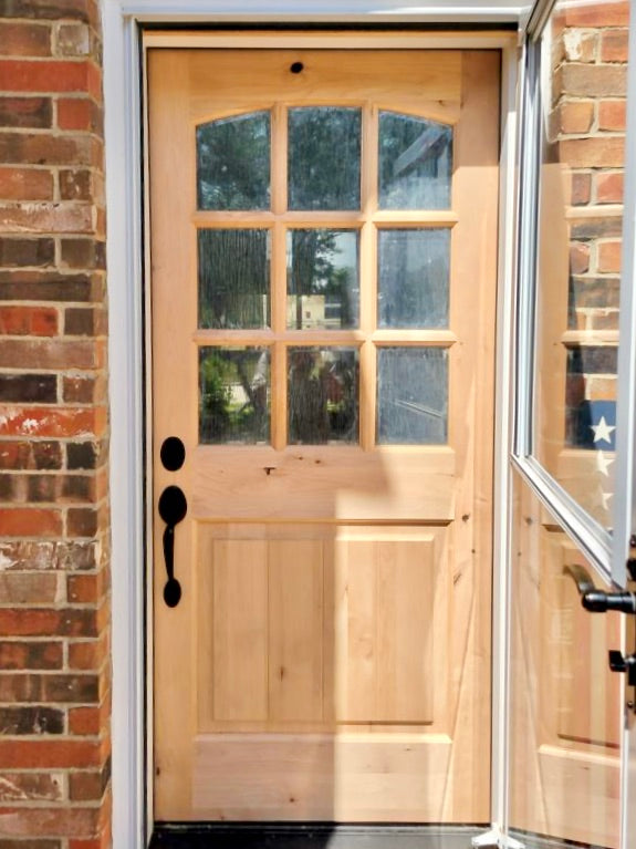 Krosswood 36 in. x 80 in. Rustic Knotty Alder Arch Top 9‑Lite Clear Glass with V-Panel Unfinished Wood Front Door Slab
