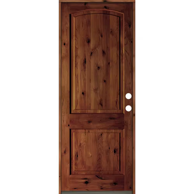 Krosswood Doors 30 in. x 96 in. Rustic Knotty Alder Arch Top Red Chestnut Stain Left-Hand Inswing Wood Single Prehung Front Door