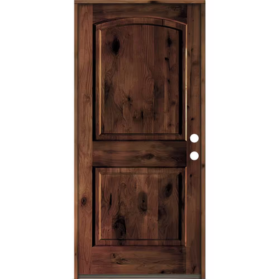 Krosswood Doors 36 in. x 80 in. Rustic Knotty Alder Arch Top Red Mahogany Stain Left-Hand Inswing Wood Single Prehung Front Door