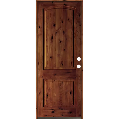 Krosswood Doors 36 in. x 96 in. Rustic Knotty Alder Arch Top Red Chestnut Stain Left-Hand Inswing Wood Single Prehung Front Door