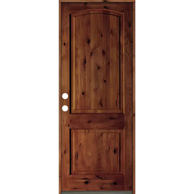 Krosswood Doors 42 in. x 96 in. Rustic Knotty Alder Arch Top Red Chestnut Stain Right-Hand Inswing Wood Single Prehung Front Door