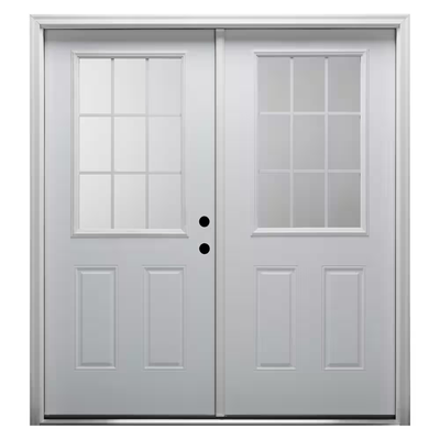 MMI Door 60 in. x 80 in. White Internal Grilles Left-Hand Inswing 1/2-Lite Clear Glass 2-Panel Primed Steel Prehung Front Door