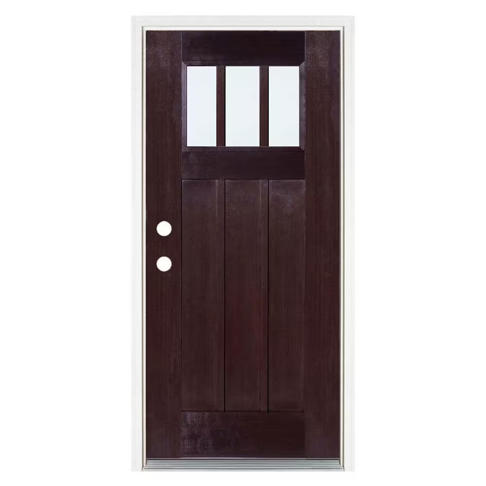 MP Doors 36 in. x 80 in. Dark Walnut Right-Hand Inswing 3 Lite Low E Clear Glass Craftsman Stained Fiberglass Prehung Front Door