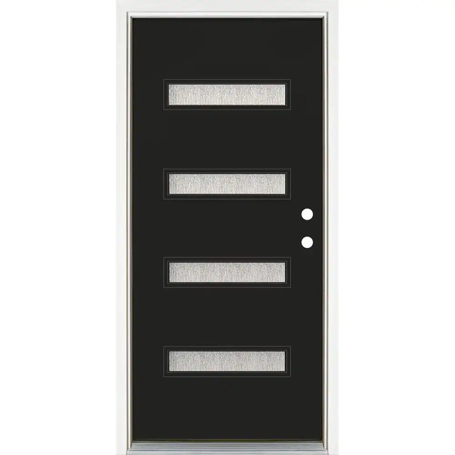 MP Doors 36 in. x 80 in. Left-Hand Inswing 4 Lite Water Wave Glass Black Finished Fiberglass Prehung Front Door