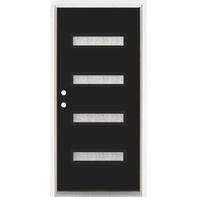 MP Doors 36 in. x 80 in. Right-Hand Inswing 4-Lite Water Wave Glass Black Painted Fiberglass Prehung Front Door