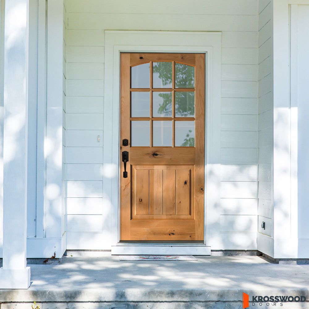Krosswood 36 in. x 80 in. Rustic Knotty Alder Arch Top 9‑Lite Clear Glass with V-Panel Unfinished Wood Front Door Slab