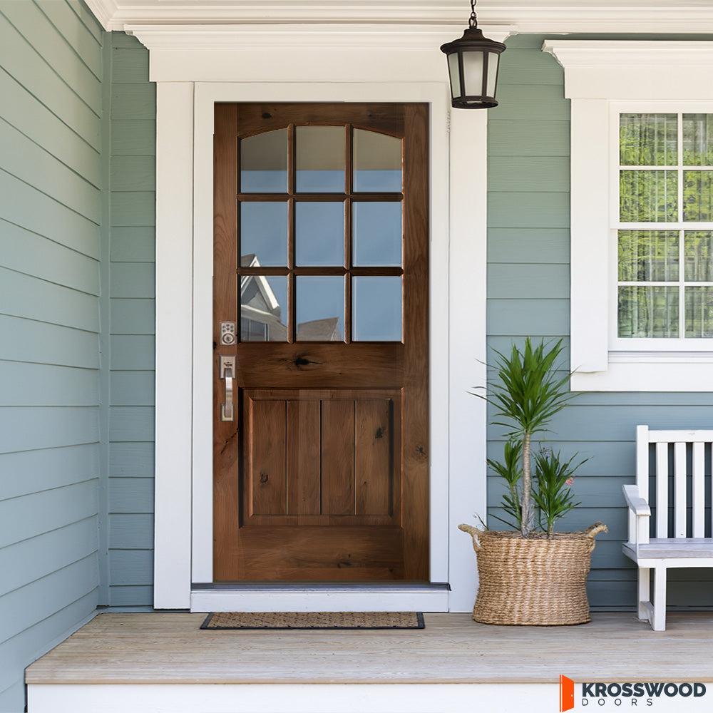 Krosswood 36 in. x 80 in. Rustic Knotty Alder Arch Top 9‑Lite Clear Glass with V-Panel Unfinished Wood Front Door Slab