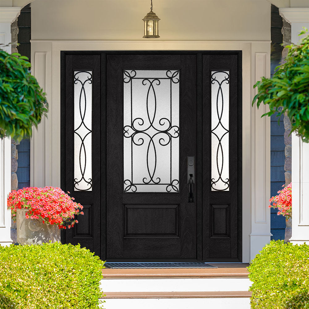 Steves & Sons Regency 64 in. x 80 in. Georgian Decorative Glass LHIS 3/4 Lite Ashwood Mahogany Fiberglass Prehung Front Door with 12 in. Sidelites