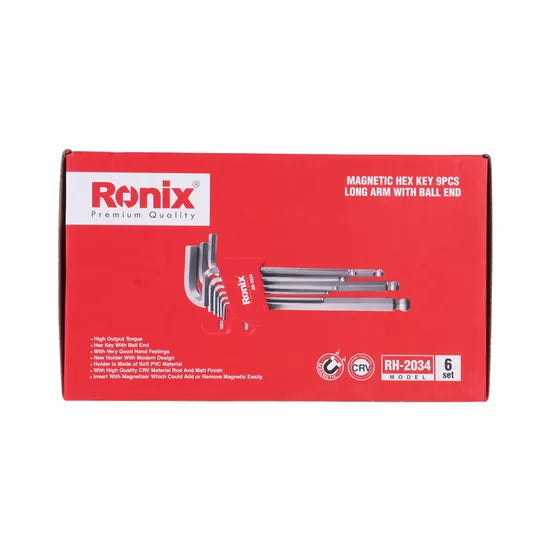 Ronix Model Rh-2034 9PCS Hand Tools Long Arm with Ball End Magnetic Hex Key