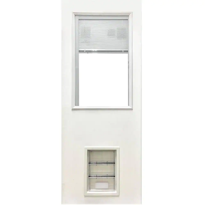 Steves & Sons 31-3/4 in. x 79 in. Reliant Clear Half Lite Mini-Blind White Primed Fiberglass Front Door Slab with Large Pet Door