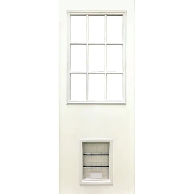 Steves & Sons 31-3/4 in. x 79 in. Reliant Series Clear 9-Lite White Primed Fiberglass Front Door Slab with Extra Large Pet Door