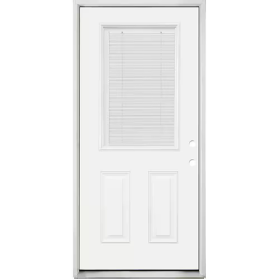 Steves & Sons 32 in. x 80 in. Reliant Clear 1/2 Lite LHIS White Micro-Blind White Primed Fiberglass Prehung Front Door Nickel Hinges