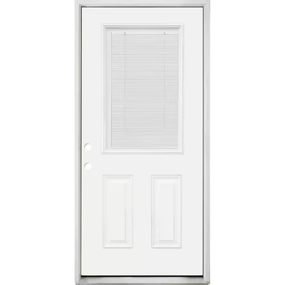 Steves & Sons 32 in. x 80 in. Reliant Clear 1/2 Lite RHIS White Micro-Blind White Primed Fiberglass Prehung Front Door Nickel Hinges