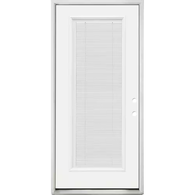 Steves & Sons 32 in. x 80 in. Reliant Clear Full Lite LHIS White Micro-Blind White Primed Fiberglass Prehung Front Door Nickel Hinges