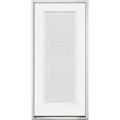 Steves & Sons 32 in. x 80 in. Reliant Clear Full Lite RHIS White Micro-Blind White Primed Fiberglass Prehung Front Door Nickel Hinges